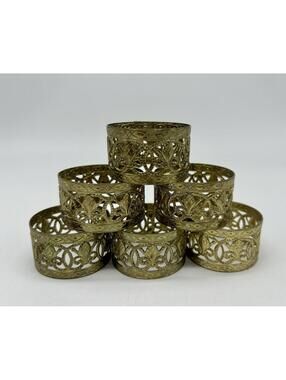 Gold Tone Filigree Napkin Rings Set Of 6 Ornate Metal Hollywood Regency Decor